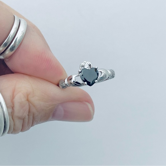 Sterling Silver Claddagh Black CZ Ring, Silver Rings, Irish Ring, Heart Ring - Picture 11 of 16